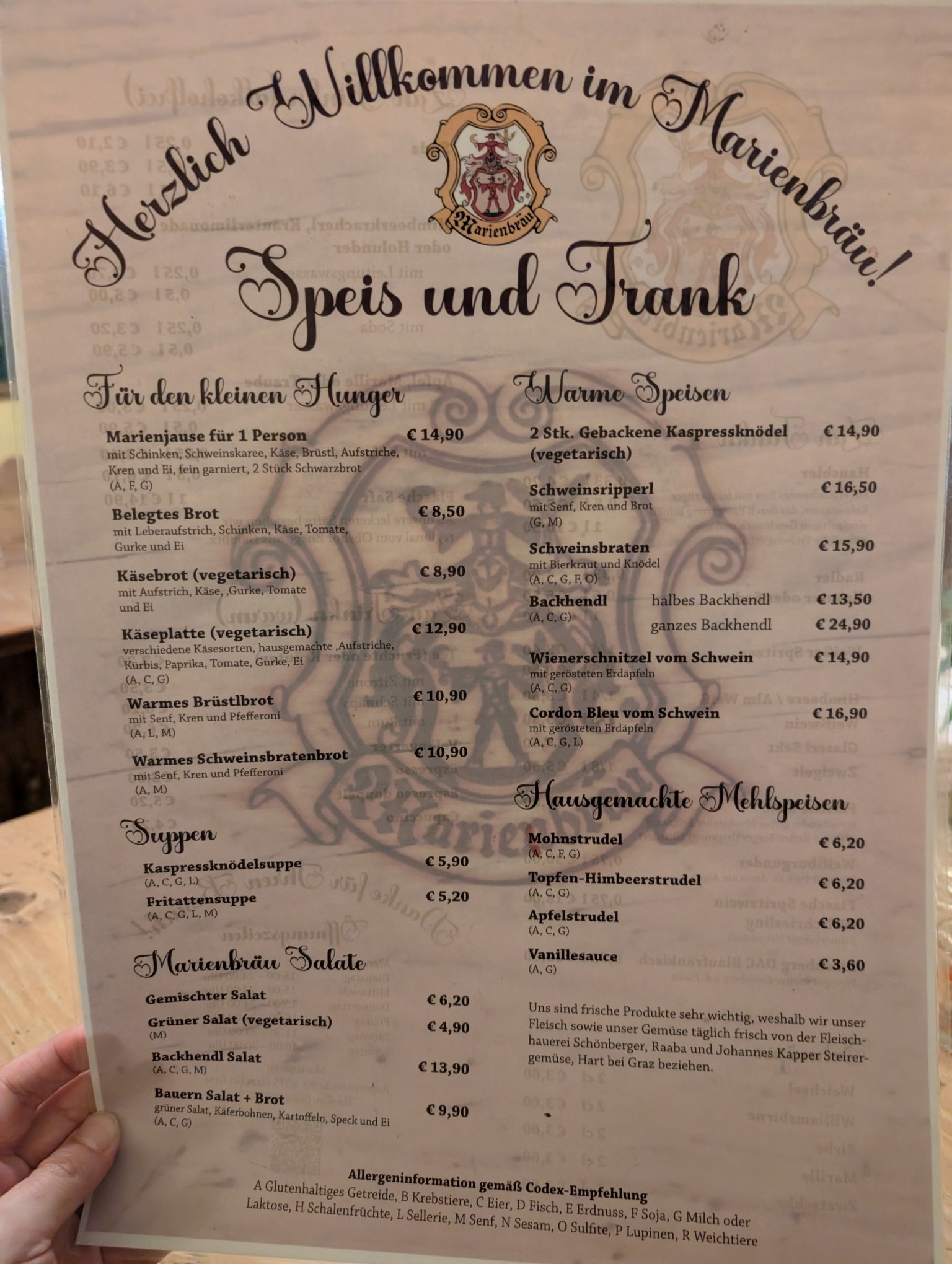 Originale Speisekarte Marienbräu Foto